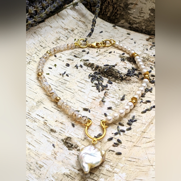 White Opal W/ Gold Specks Beads & Natural Pearls W/ Pearl Pendant Necklace - Picture 7 of 9